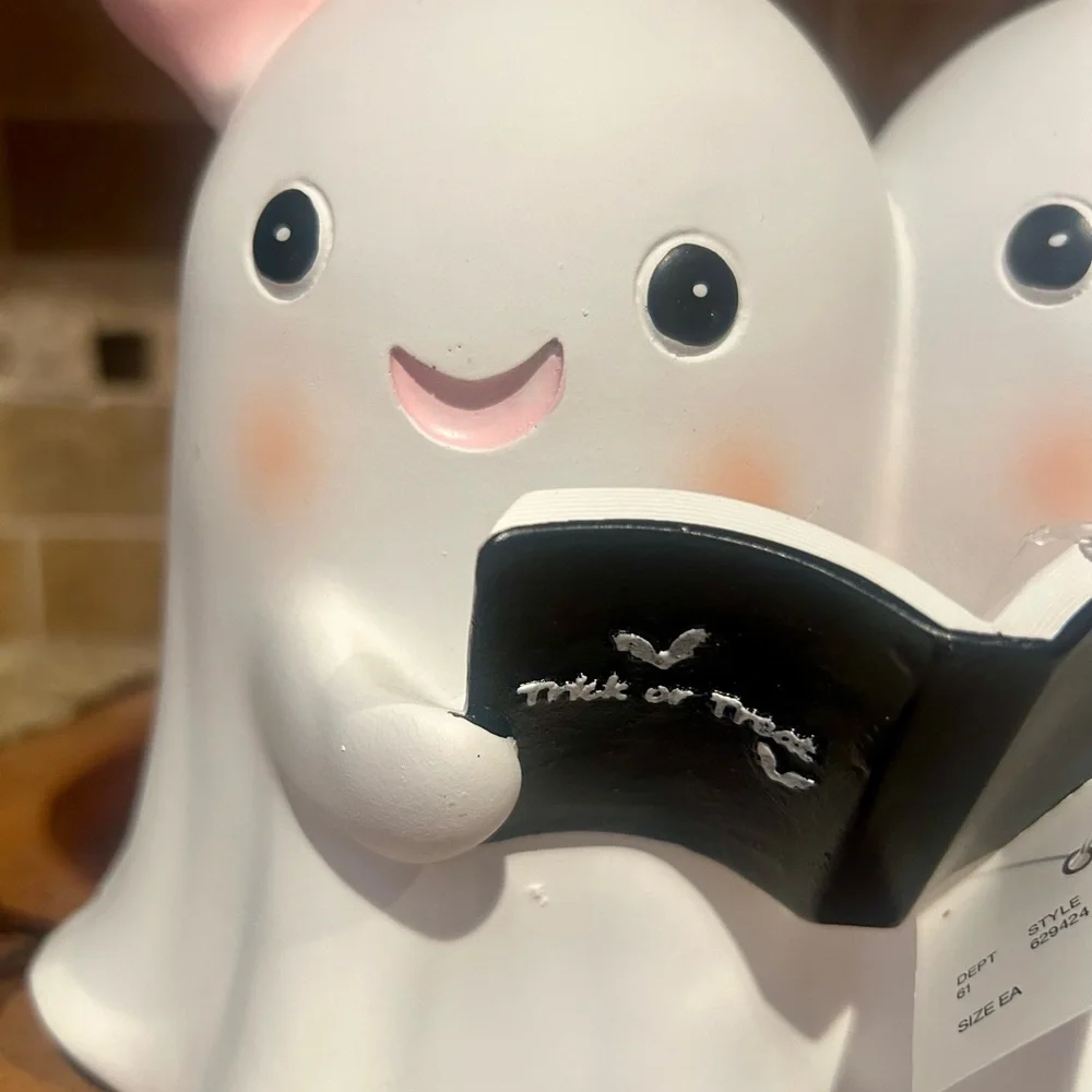Ghost Twin Girls with Pink Bow Trick or Treat Book Ghost Halloween Decor